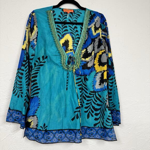 Hale Bob Cabana Cover Up Tunic Beaded Size S Flare Sleeves Cotton/Silk - Picture 1 of 9